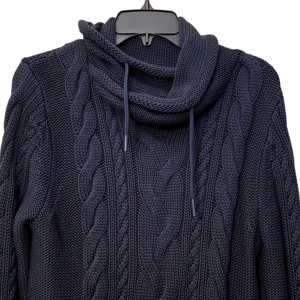 LL Bean Womens Navy Blue Cable Knit Cowl Neck Drawstring Cotton Sweater Large - Picture 1 of 7